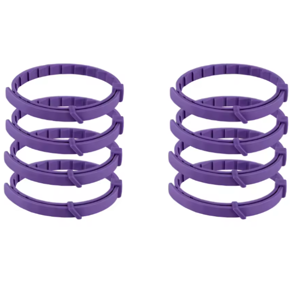 Two sets of purple plastic rings on a white background